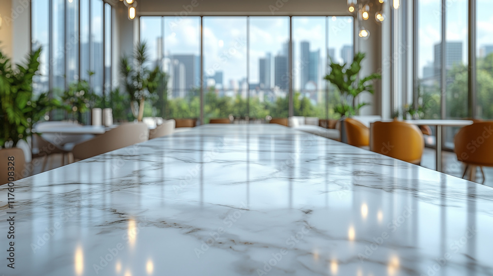 Fototapeta premium Marble table in modern cafe with city view
