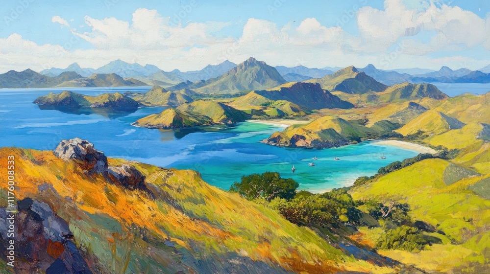 Panoramic view of idyllic tropical islands with turquoise water, sandy beaches, and lush green hills under a sunny sky.