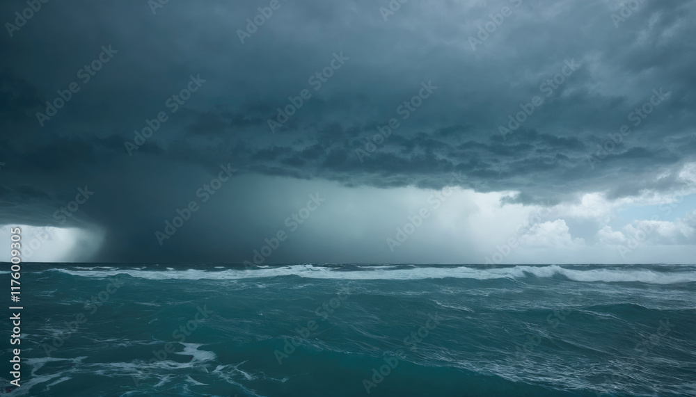 Fototapeta premium Dark storm clouds gather over the ocean as waves crash along the shoreline during an impending storm
