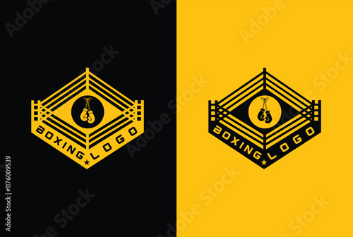 Logo for a boxing with two gloves and ring on different background.