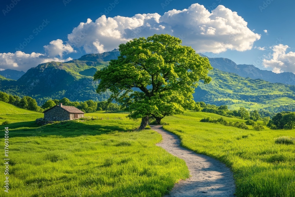 Obraz premium A stone cottage perches atop a hill, offering a view of a valley beneath, and a dirt path winds its way to the door. The sky is mostly clear with a few clouds, and the scenery around is lush and