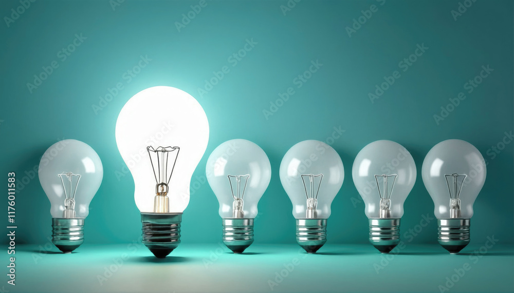 Bright light bulb stands out among others in a creative display of ideas and innovation Bright light bulb stands out among others in a creative display of ideas and innovation
