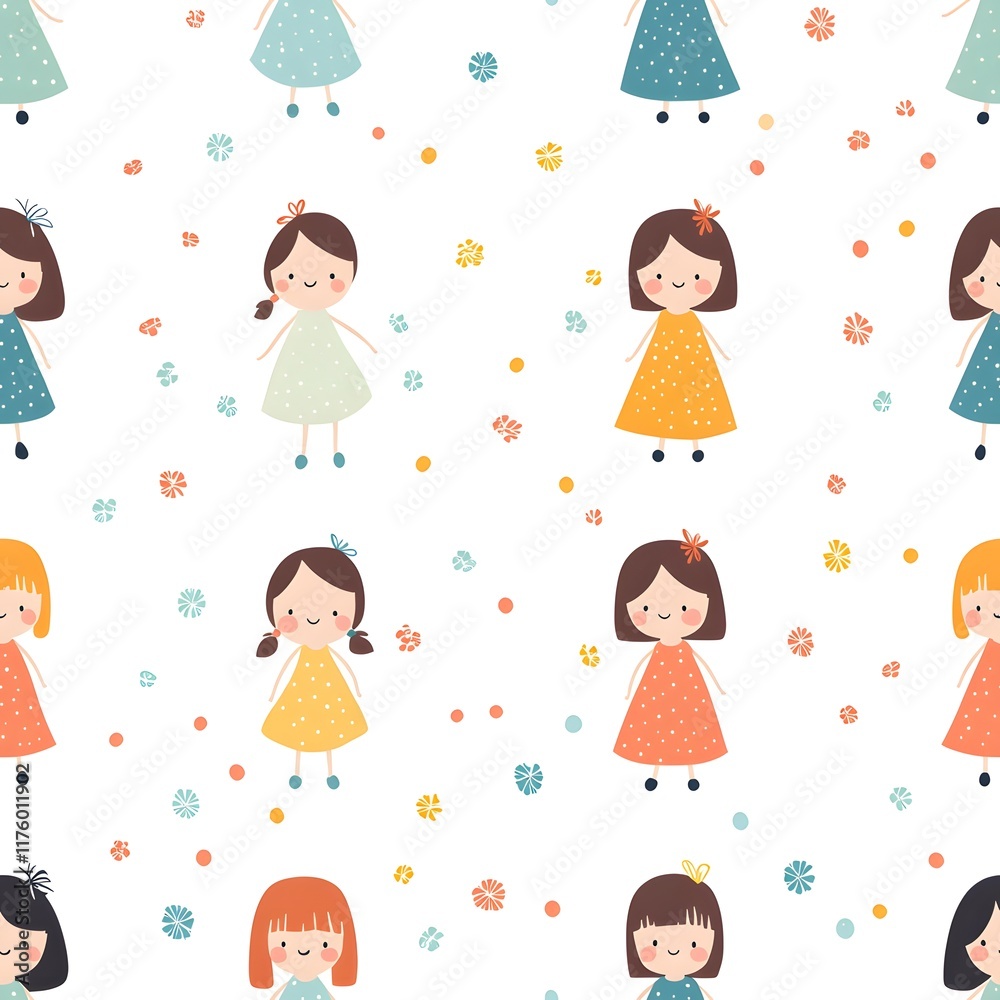 Seamless pattern featuring cartoon girls in colorful dresses with floral elements and pastel dots, perfect for children’s textiles, wallpapers, and stationery designs Seamless pattern featuring cartoon girls in colorful dresses with floral elements and pastel dots, perfect for children’s textiles, wallpapers, and stationery designs