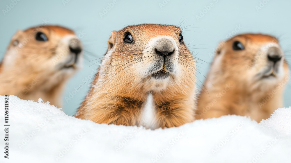 Groundhog Themed, Curious groundhogs peeking out from snow, showcasing their adorable faces Groundhog Themed, Curious groundhogs peeking out from snow, showcasing their adorable faces