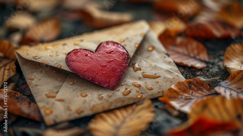 Romantic Letter with a Heart on Autumn Leaves A Symbol of Love and Affection in Nature s Embrace photo