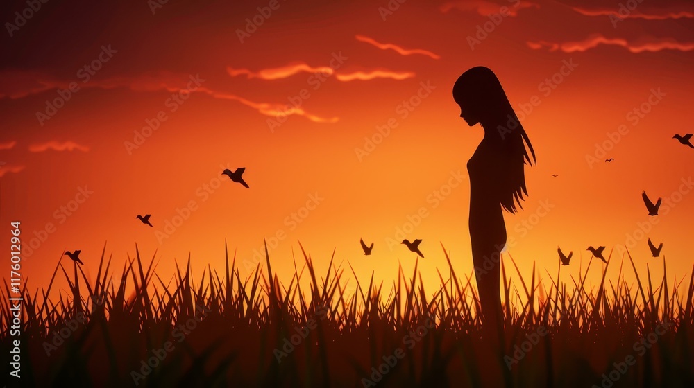 A serene moment captured at sunset, with a woman basking in golden hues as birds gracefully soar overhead. A serene moment captured at sunset, with a woman basking in golden hues as birds gracefully soar overhead.