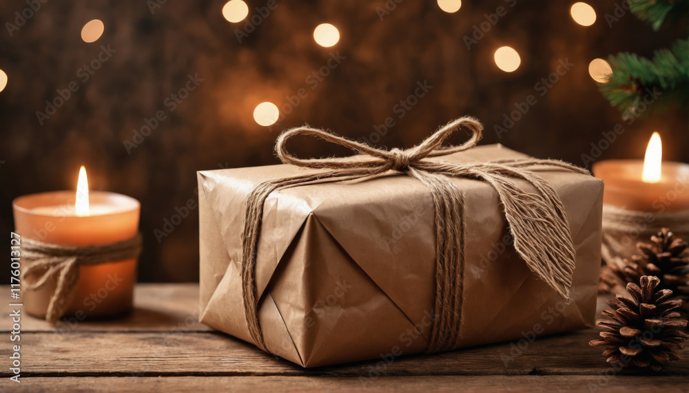 Wrapped gift on wooden table with candles and festive lights creating a cozy atmosphere Wrapped gift on wooden table with candles and festive lights creating a cozy atmosphere
