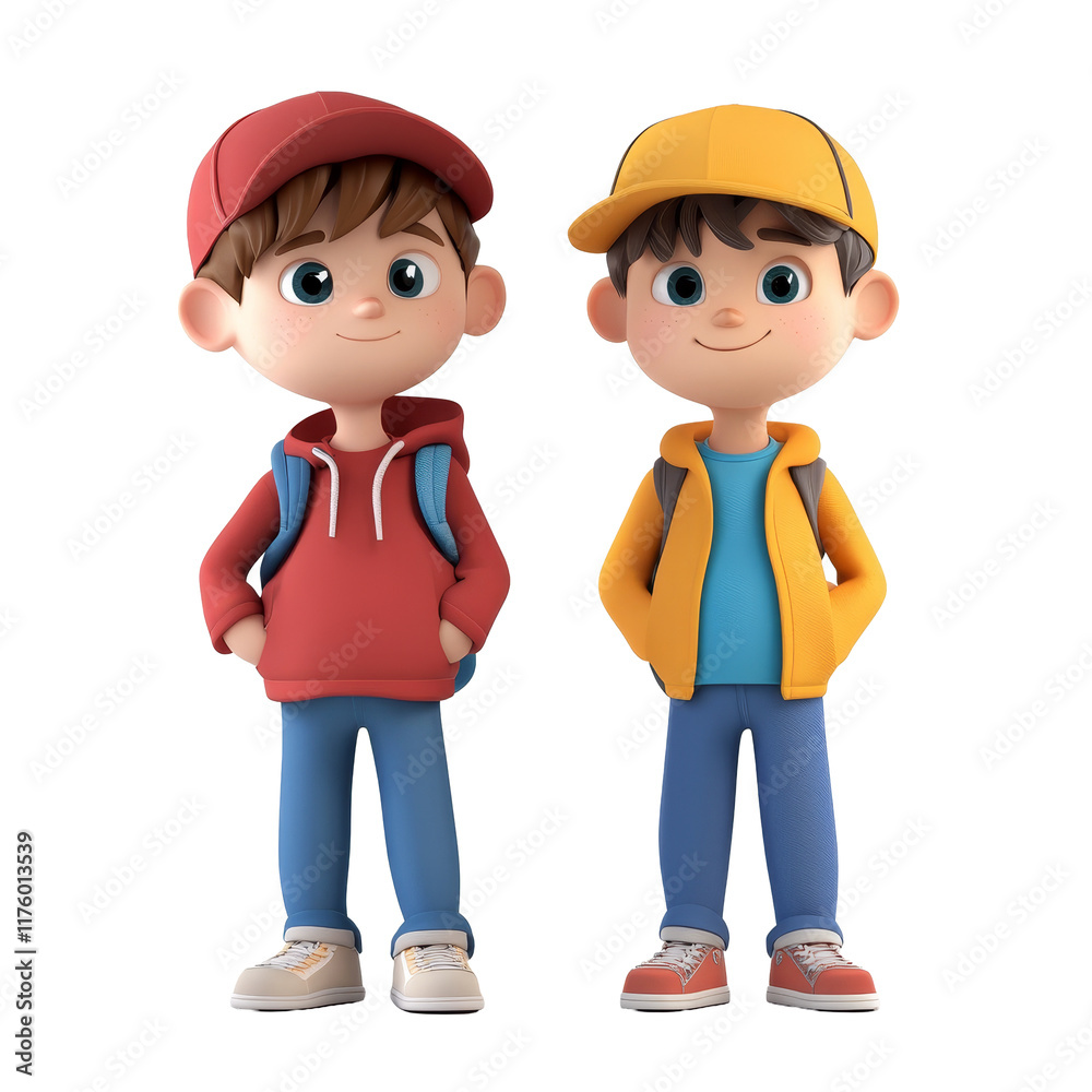 Two cartoon boys in casual attire standing together against a plain background, 3D cartoon boys on transparent background Two cartoon boys in casual attire standing together against a plain background, 3D cartoon boys on transparent background