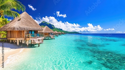 Idyllic overwater bungalows on a pristine beach with crystal-clear turquoise water and lush tropical foliage under a vibrant blue sky.