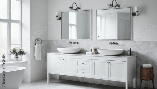 Elegant bathroom with double sinks, modern design, and natural light filling the space in a serene atmosphere