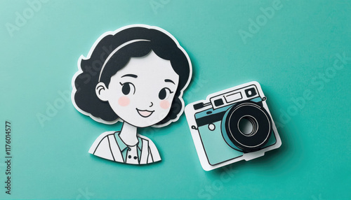 Young girl character smiling beside a colorful vintage camera on a teal background in a playful illustration style