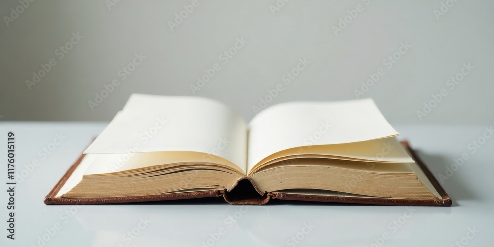 Open Book with Blank Pages on a Tabletop Ready for Writing or Reading Open Book with Blank Pages on a Tabletop Ready for Writing or Reading