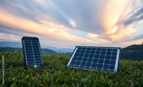 Portable solar charger on grass innovative solar panel innovation power electricity energy technology panel renewable photo