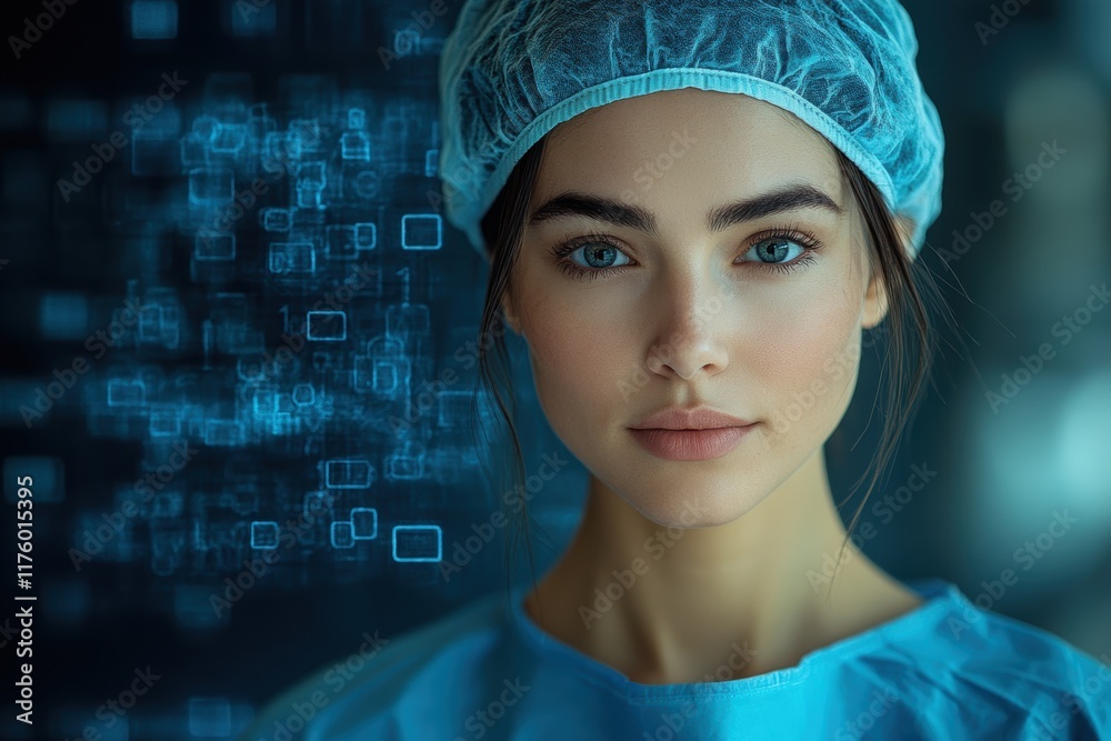 Portrait of a female anesthetist with digital elements blending into her professional attire Portrait of a female anesthetist with digital elements blending into her professional attire