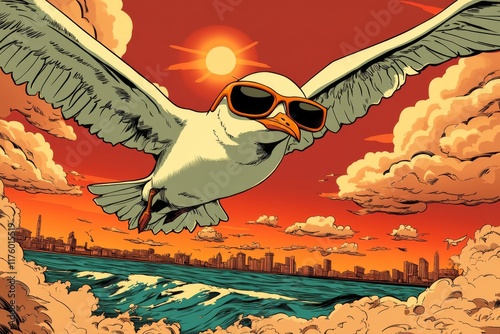 A cheerful seagull wearing sunglasses with its wings outstretched soars over the city's seaside area, where houses meet the ocean. The scene is set against bright sea waves and a sunny urban photo