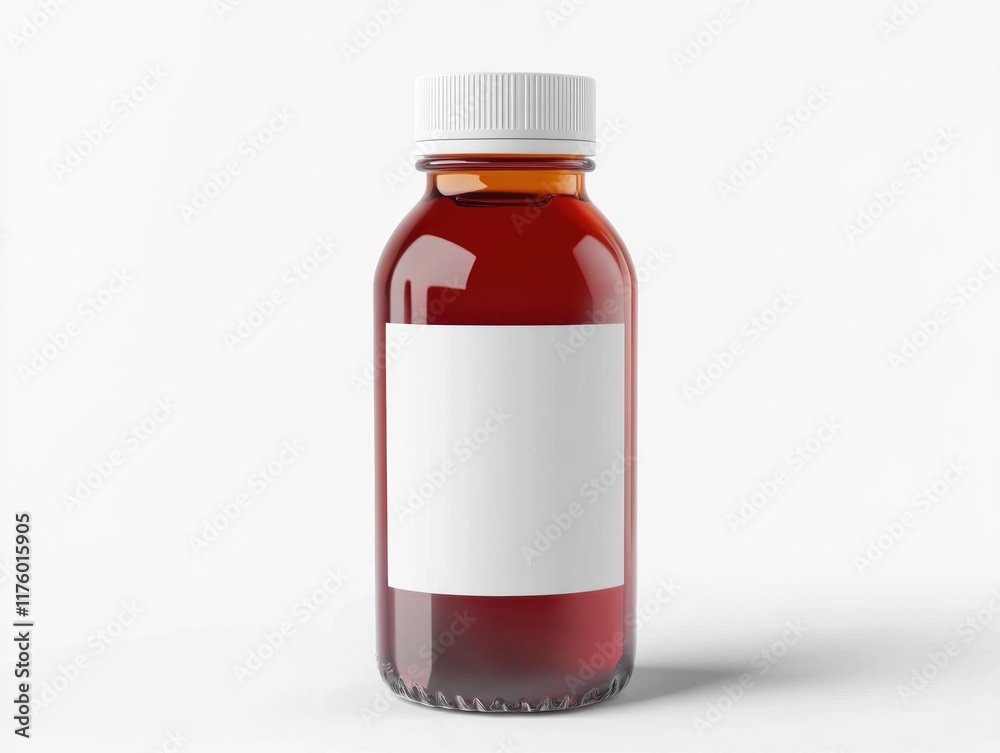 Amber glass bottle with blank label on white background. Amber glass bottle with blank label on white background.