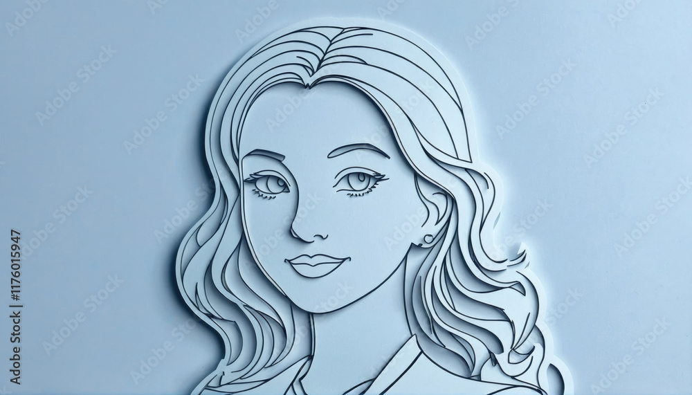 Realistic 3D sketch of a woman with flowing hair and confident expression on light blue backdrop Realistic 3D sketch of a woman with flowing hair and confident expression on light blue backdrop