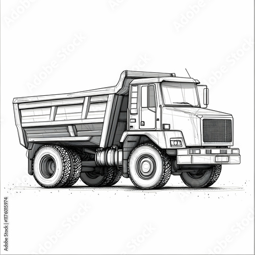 Detailed line art illustration of a dump truck. photo