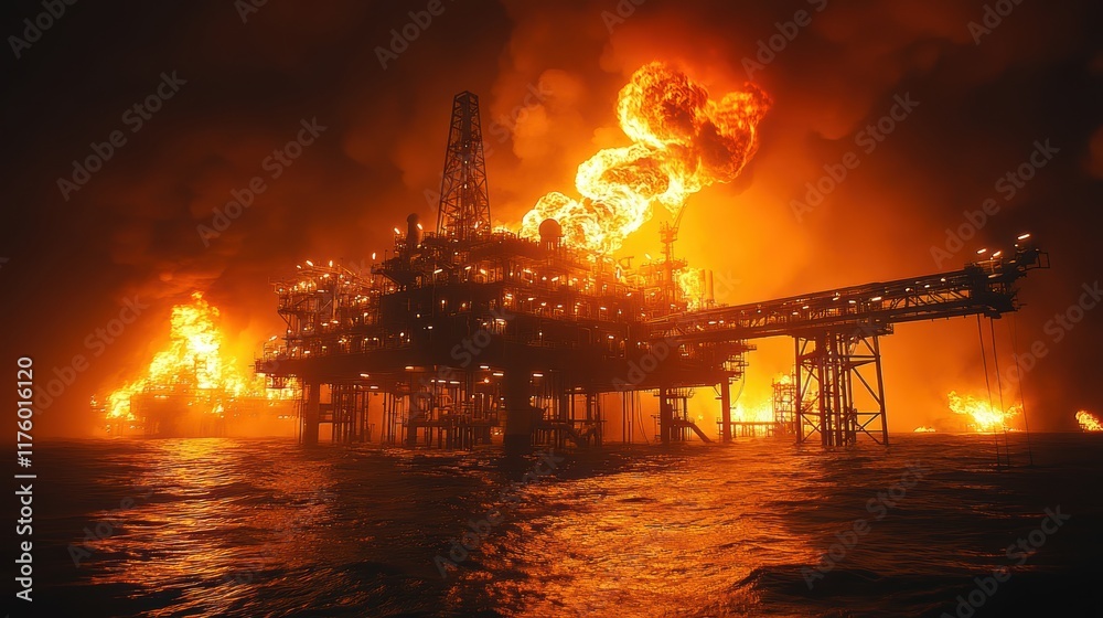 Obraz premium Flames illuminate the night sky above an oil rig in the ocean during a dramatic fire event