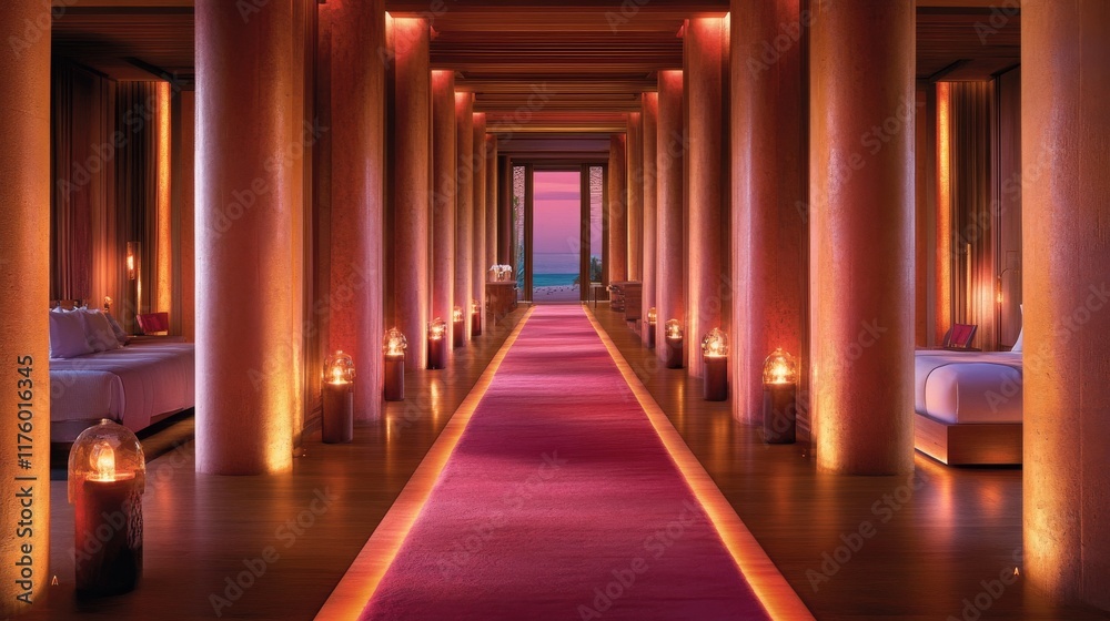 Fototapeta premium The long, empty hallway adorned with carpet flooring and lined with closed doors embodies minimalist interior design frequently observed in hotels