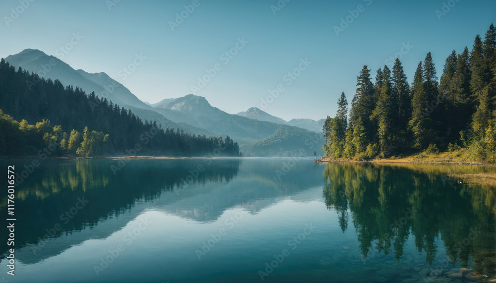 Serene lake reflects mountain scenery under clear blue sky in tranquil landscape Serene lake reflects mountain scenery under clear blue sky in tranquil landscape