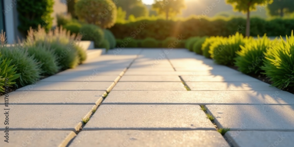 Fototapeta premium Golden Hour Pathway Serene Garden Walkway with Lush Greenery and Sunlight