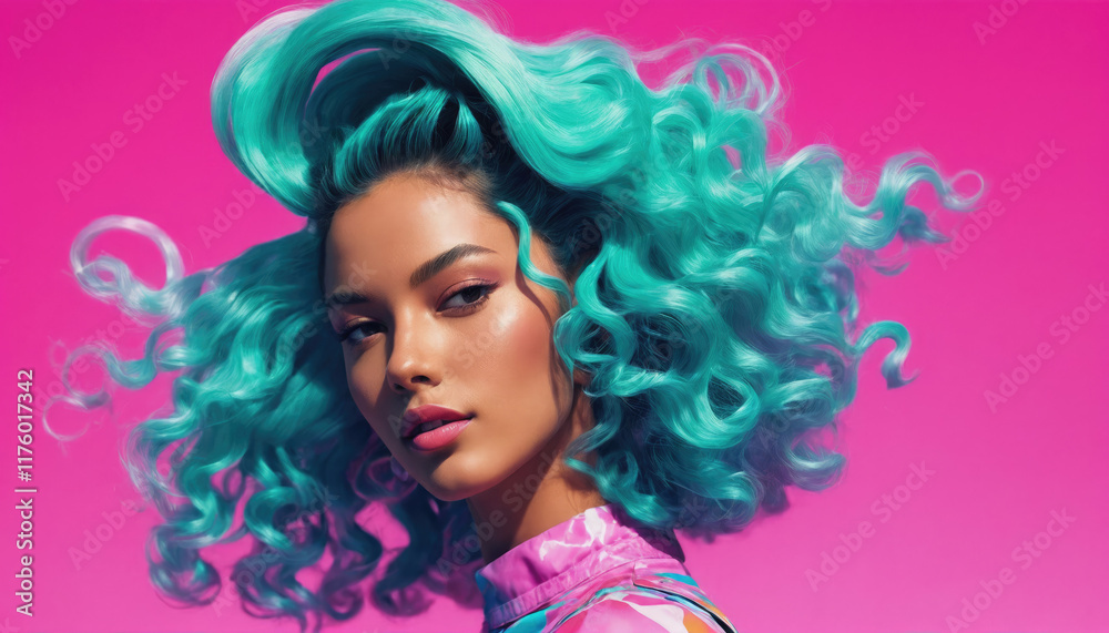 Obraz premium Vibrant model showcases turquoise curly hair against bright pink background during fashion shoot