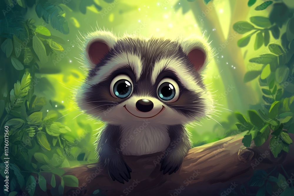 Naklejka premium cute and happy racoon with eyes wide open in cartoon style