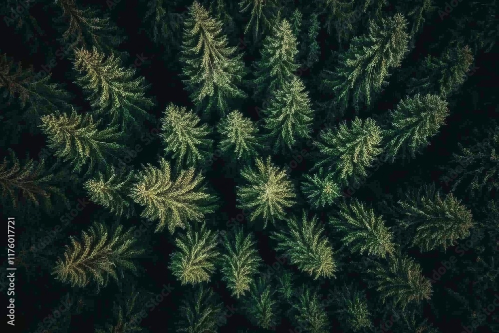 dense forest with green pine trees with deep brown trunks and spreading tree crowns, first-hand view from above dense forest with green pine trees with deep brown trunks and spreading tree crowns, first-hand view from above
