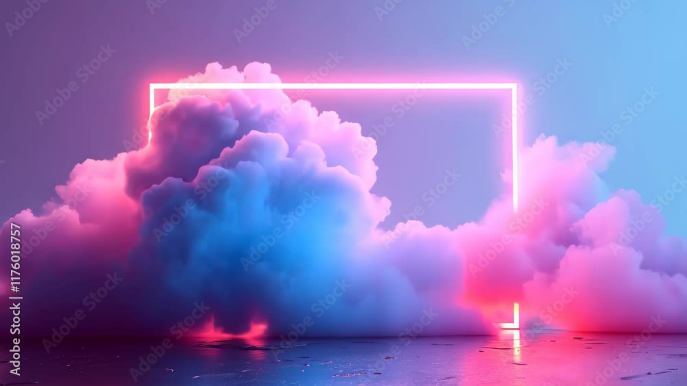 Minimalistic pastel cloud backdrop adorned by a radiant neon-light square frame, Ai Generated.