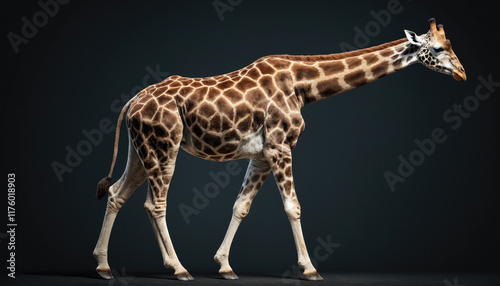 Giraffe walking gracefully against dark background showcasing its unique pattern and stature