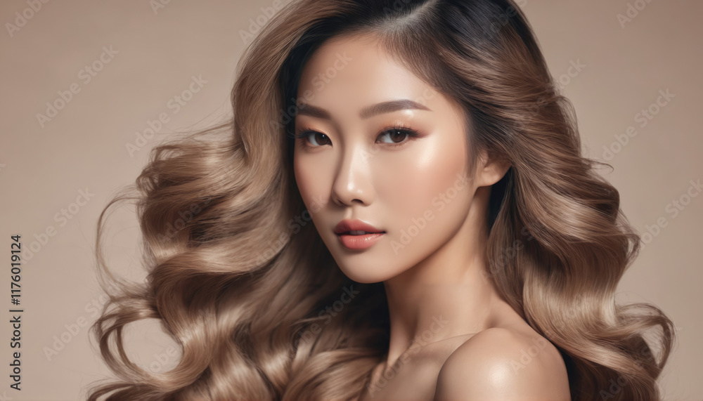 Fototapeta premium Woman with long, wavy hair poses elegantly against a neutral background in a beauty portrait