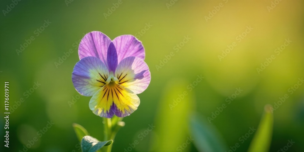 A Single Pansy Flower in Soft Sunlight with a Blurred Green Background A Single Pansy Flower in Soft Sunlight with a Blurred Green Background
