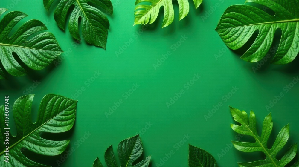 Fototapeta premium Vibrant Green Tropical Leaf Frame with Copy Space for Text and Images