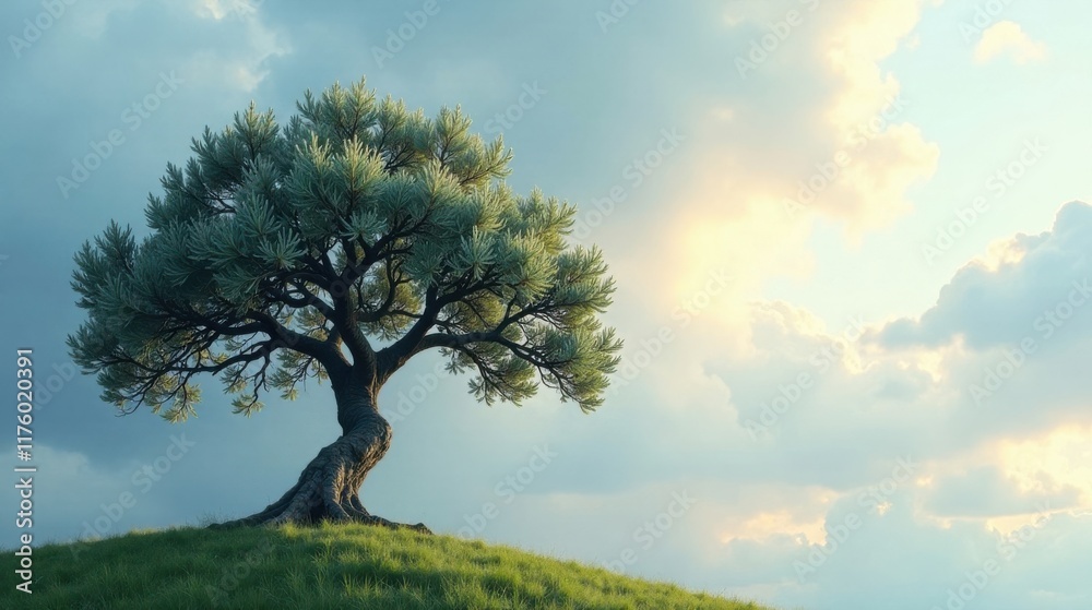 Obraz premium Serene Landscape Featuring a Majestic Tree on a Verdant Hill Under a Peaceful Sky