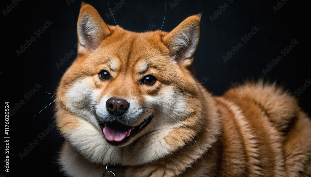 Shiba Inu with a playful expression posing against a dark background during a photo session Shiba Inu with a playful expression posing against a dark background during a photo session