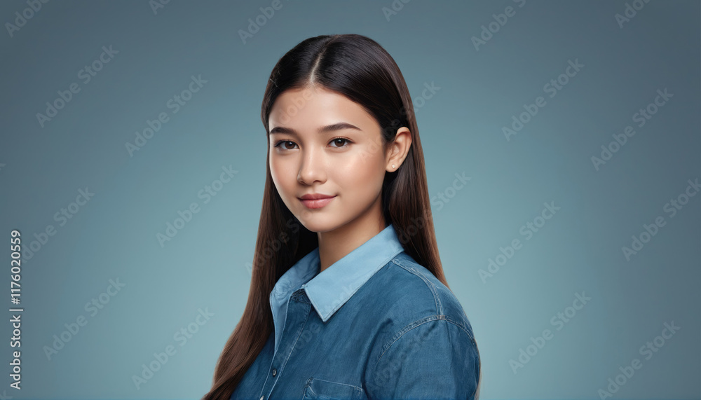 Young woman with long black hair wearing a denim shirt poses against a solid background in a studio setting Young woman with long black hair wearing a denim shirt poses against a solid background in a studio setting