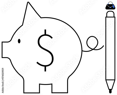 Piggy bank with a dollar sign, pen with looped line, small bag. Ideal for finance management, savings, investment planning, personal finance, budget tracking financial growth education. Abstract