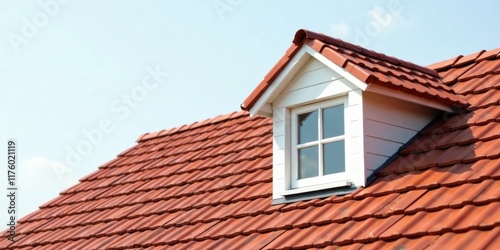 A charming dormer window on a terracotta tiled roof against a clear sky