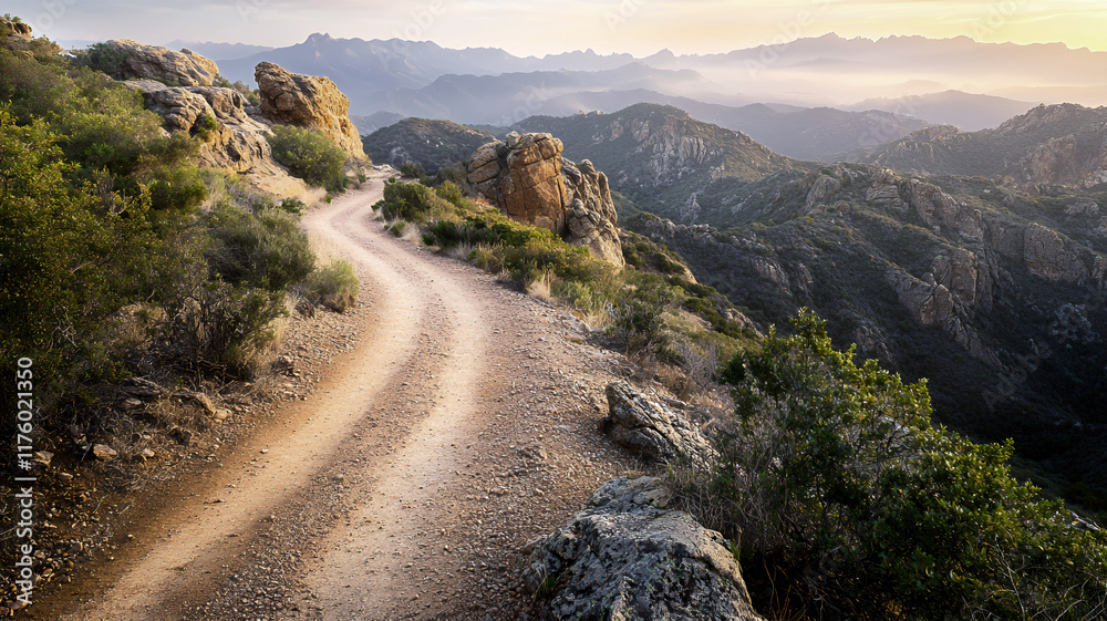 Scenic Mountain Path Winding Through Rocky Terrain at Sunset with Distant Mountain Ranges Scenic Mountain Path Winding Through Rocky Terrain at Sunset with Distant Mountain Ranges