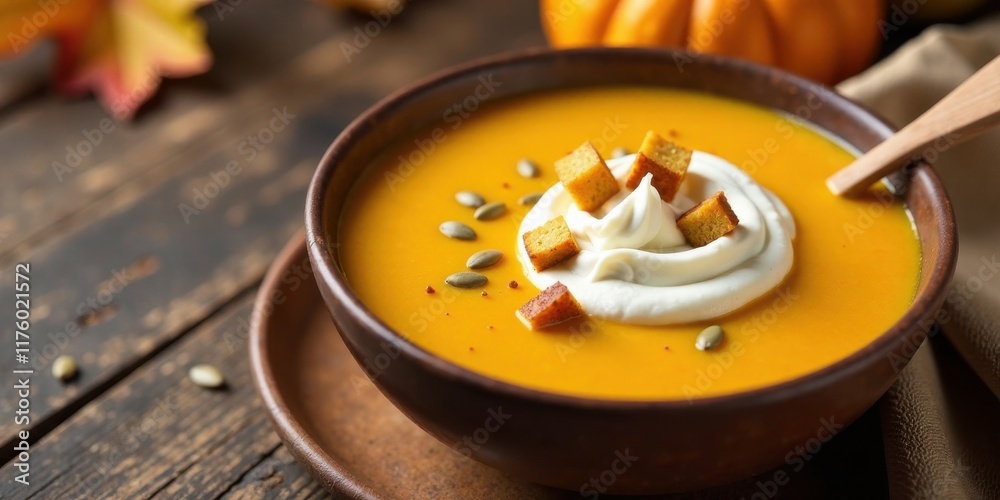Creamy Autumn Squash Soup with Toasted Croutons and Pumpkin Seeds Creamy Autumn Squash Soup with Toasted Croutons and Pumpkin Seeds