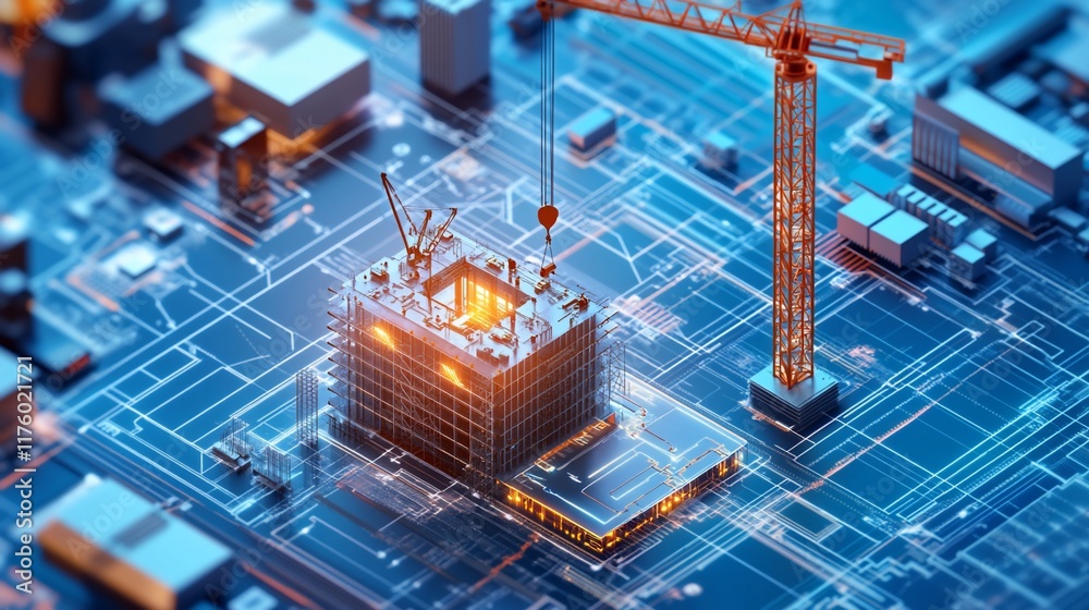 Obraz premium A digital construction site with a building under development and a crane.