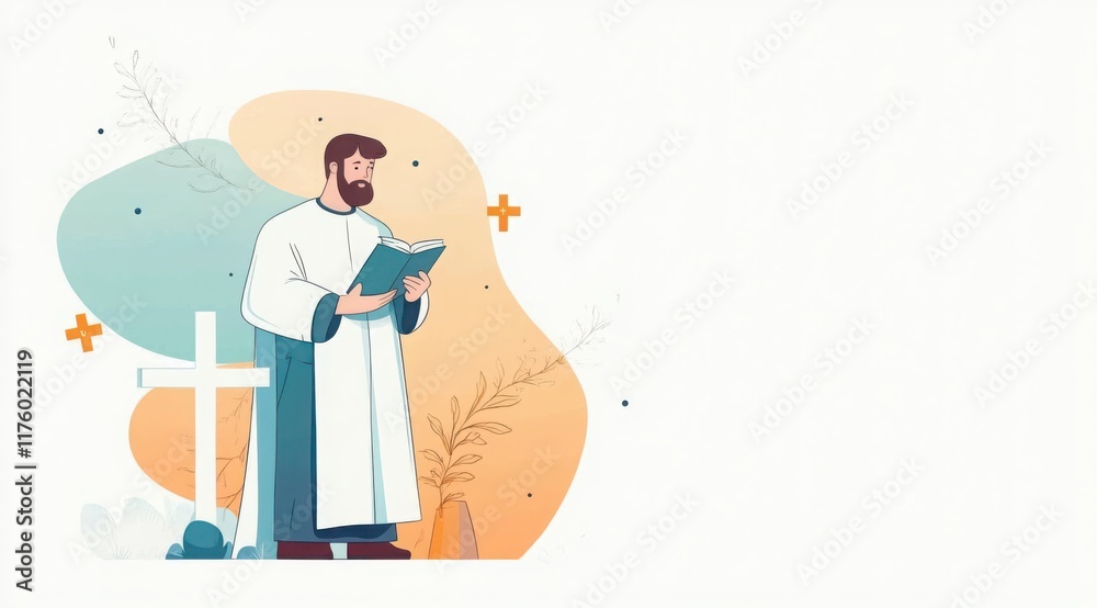 Obraz premium Priest reading a holy book in a serene environment with plants and decorative elements