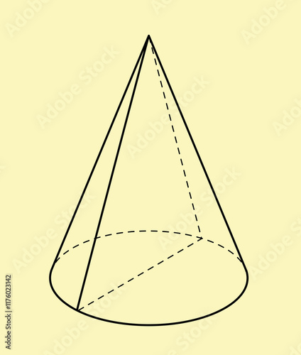 3D geometric outline shape. Volumetric geometric figure. Geometrical object, cone. Design and engineering. Poster or banner. Linear vector illustration isolated on yellow background