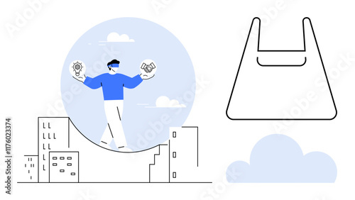 Businessperson walking tightrope above city buildings holding a light bulb and handshake icons. Ideal for business strategy, innovation, partnership, balance, risk management, decision making, urban