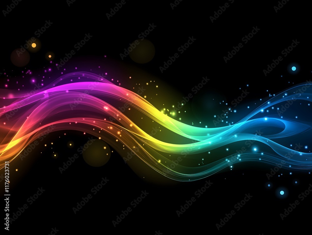 Fototapeta premium Fluid and wavy lines in neon colors, black background, glowing effect