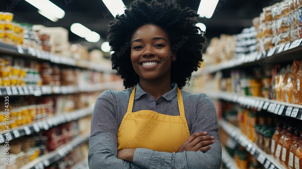 Smiling Grocery Store Clerk in Apron Standing Proudly in Well-Organized Aisle of Products Smiling Grocery Store Clerk in Apron Standing Proudly in Well-Organized Aisle of Products