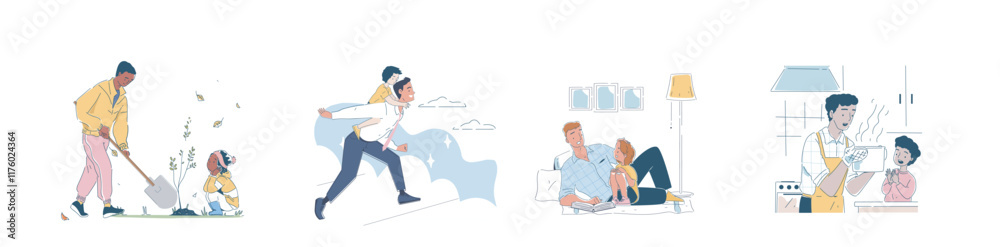 Set of fatherhood. Scenes with fathers with sons and daughters. Family spending time together. Good relationship between parents and children. Parenthood and childhood. Linear vector illustration