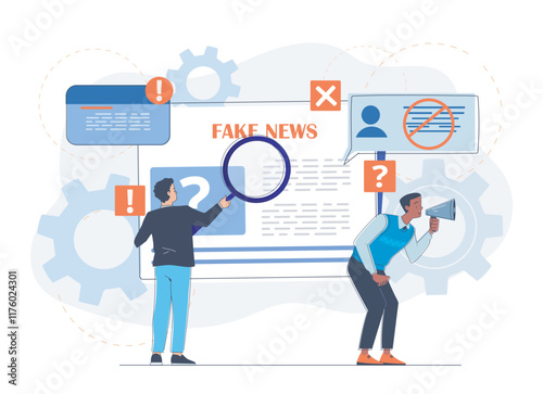 People read fake news. Man with magnifying glass and loudspeaker near newspaper. Bad mass media and journalists. Propaganda and disinformation, lie. Linear vector illustration