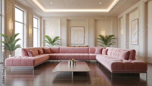 A Plush Pink Long Sofa Anchors the Elegant Living Room Design, Combining Comfort with Modern Chic, Creating a Cozy Yet Stylish Home Environment with a Soft, Inviting Atmosphere photo